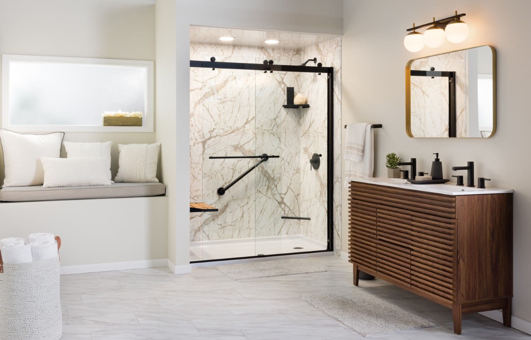 Striking, solid-surface shower with several accessories